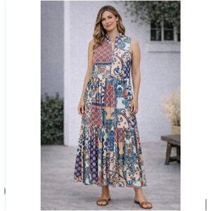 Tolani Collection Dress Womens 1X Multicolor Patchwork Maxi Sleeveless Boho